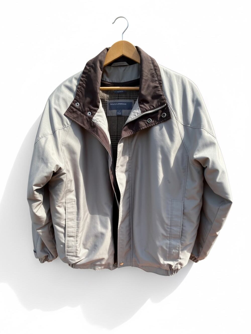 Perry Ellis Portfolio Mens L Tan Microfiber Bomber Jacket Zip Out Plaid Line